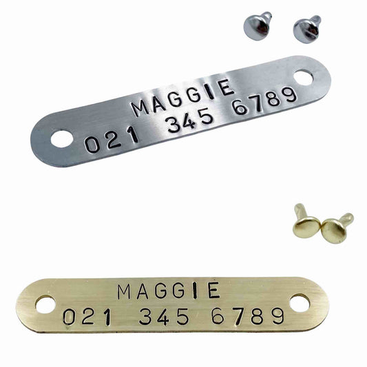 Nameplate ID Tag for an existing Dog Collar (hand-stamped) - Small (50 x 9.5mm) Solid Brass (gold) - Kinfolk Leather